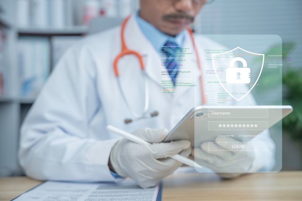 Médico usando tablet com ícone de escudo e login, ilustrando segurança de dados sobre proteção de dados em perícias médicas.